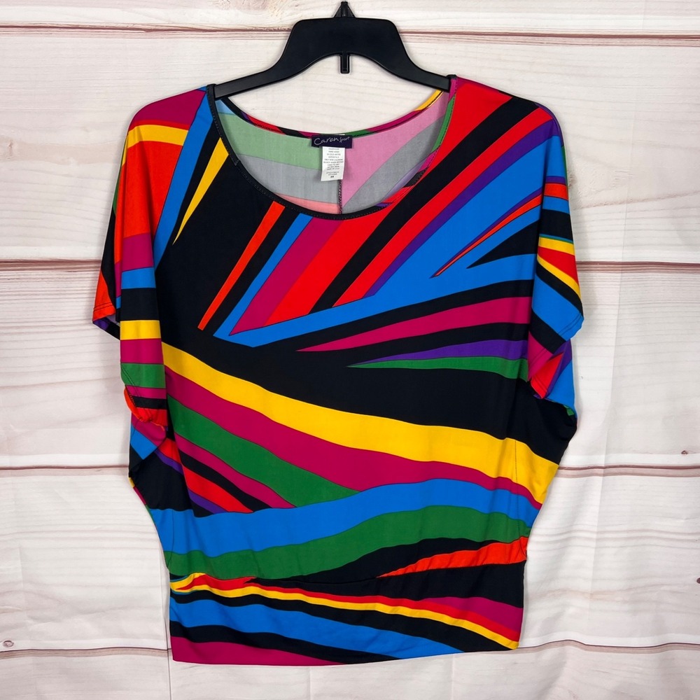 Caren Sport Top Womens 3X Colorful Geometric Blouse Dolman Sleeve Pullover Knit